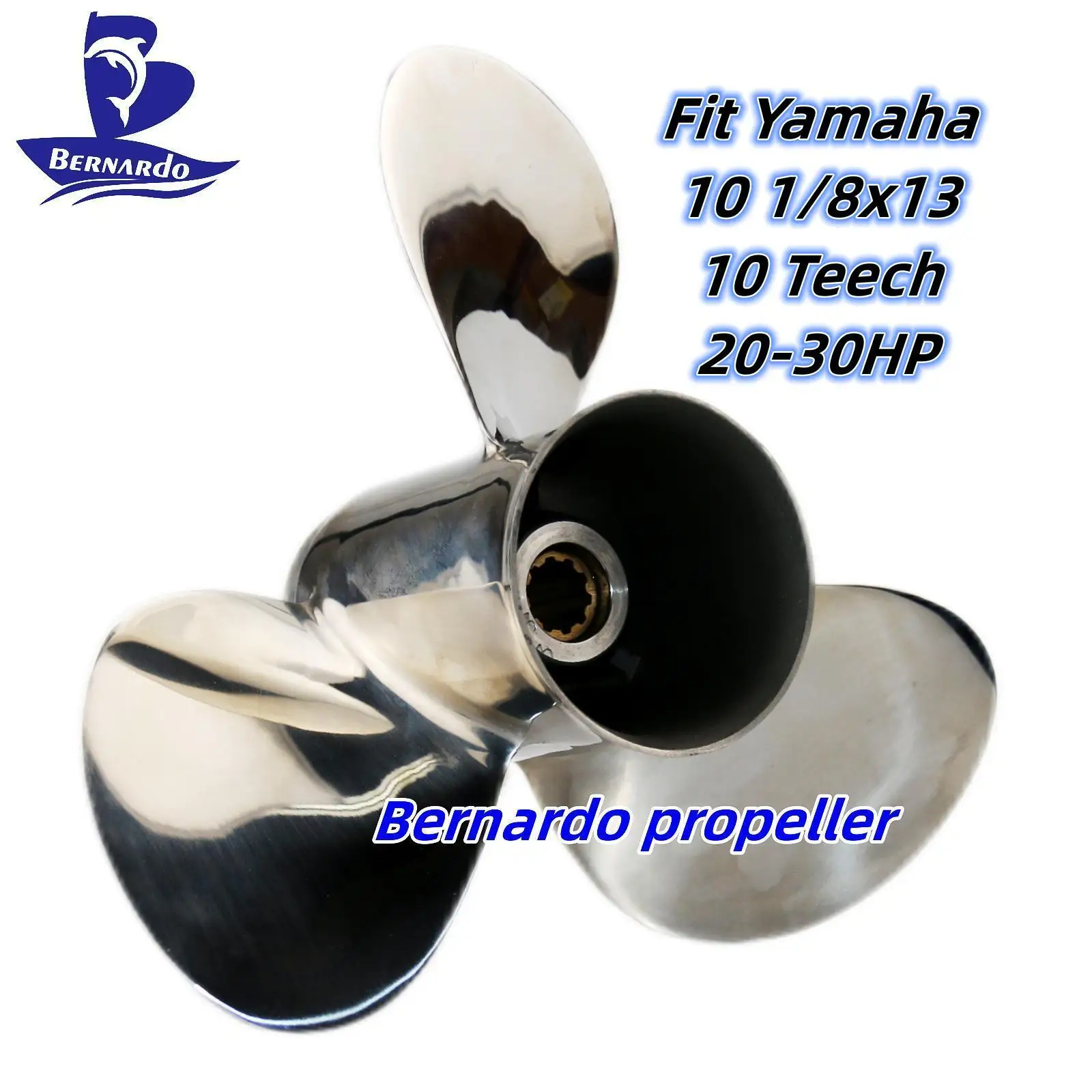 Bernardo Boat Propeller 10 1/8x13 Fit Yamaha Outboard Engine 20 25 30 HP Motor Stainless Steel Screw 3 Blade 10 Tooth Spline
