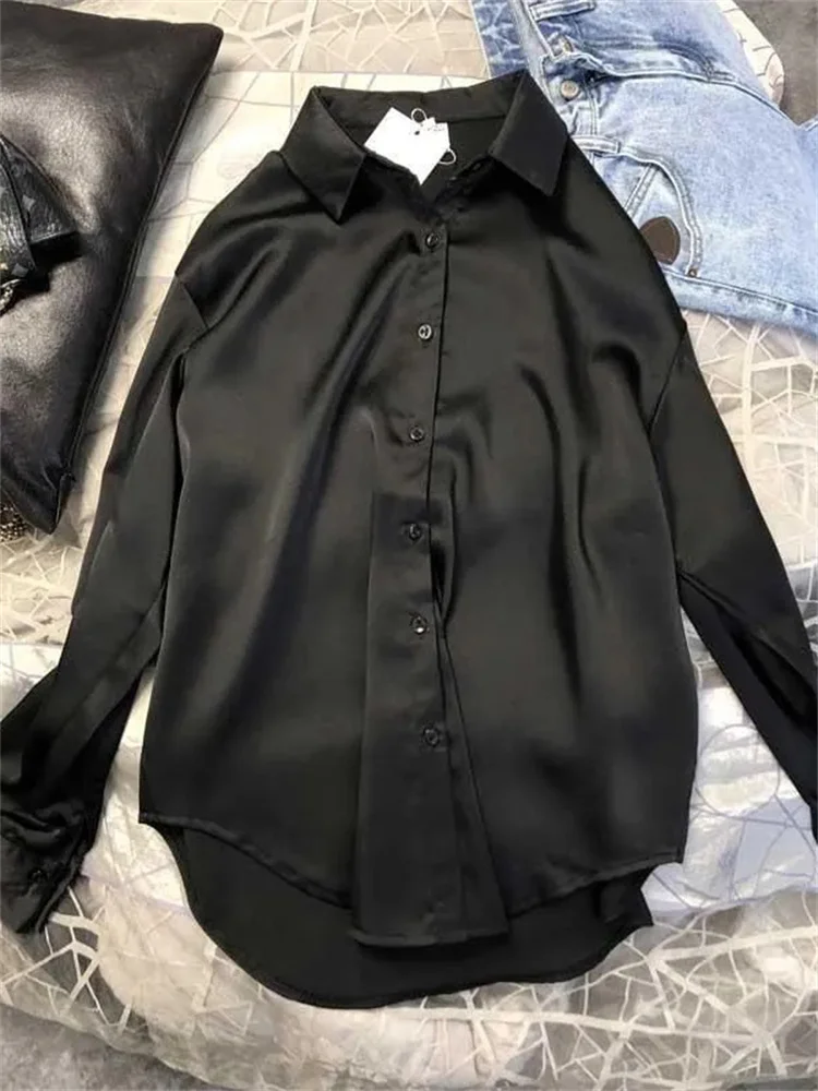 

2023 New SATIN Long Sleeve Blouse Button Up Shirt Women Summer Female Elegant Ladies Tops High Quality Office Lady Silk