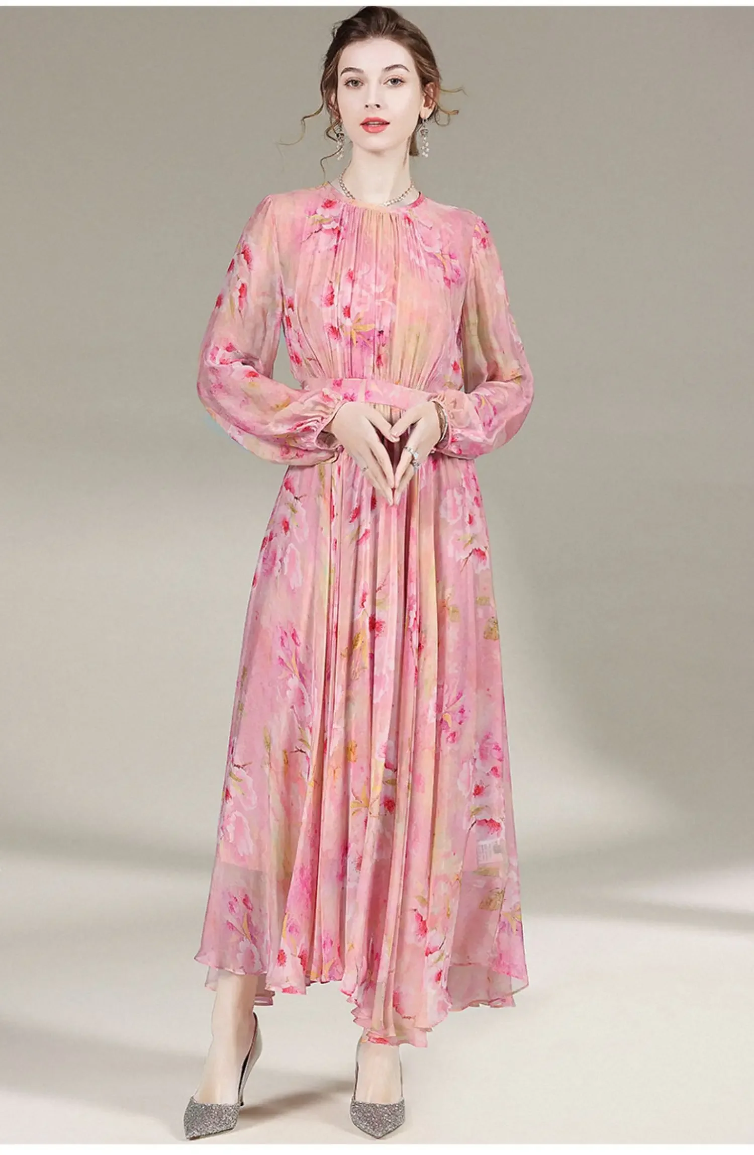 Derac High-end 100% Real Silk Dress Spring 2024 New Floral Maxi Dresses For ...