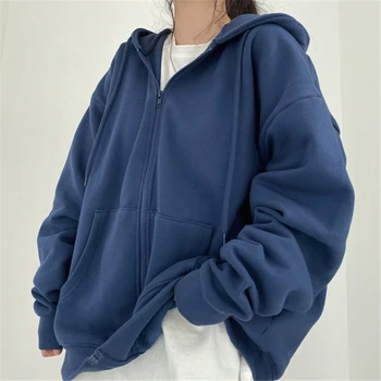 Women Hoodies Solid Color Zip Up Pocket Oversized Harajuku Korean Sweatshirts Female Long Sleeve Hooded Streetwear Casual Top 1