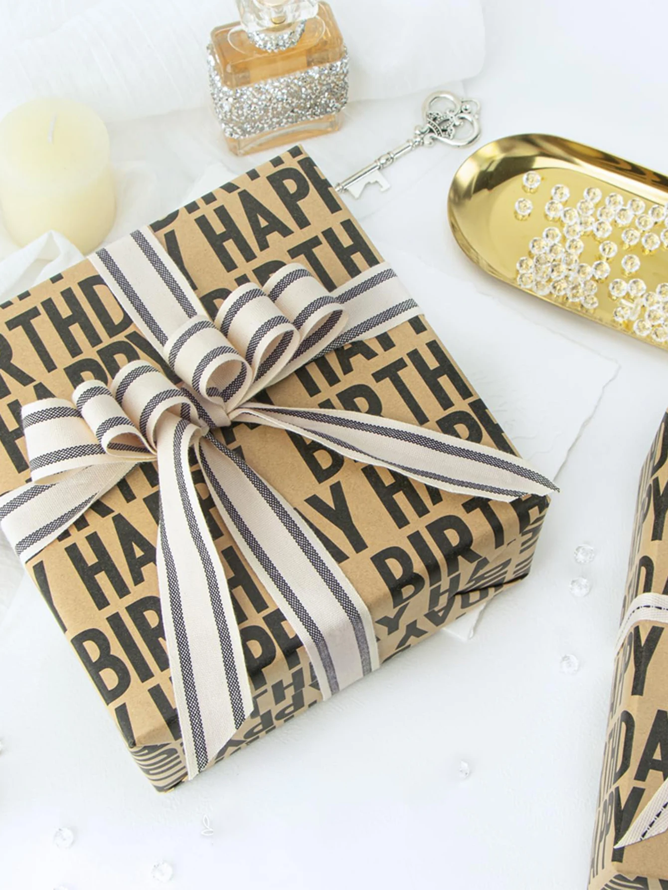1 Rolle Happy Birthday Geschenkpapier, Vintage Gestreiftes Kraftpapier, Hochwertige DIY-Partydekoration, Neujahrsdekoration – Detail 7