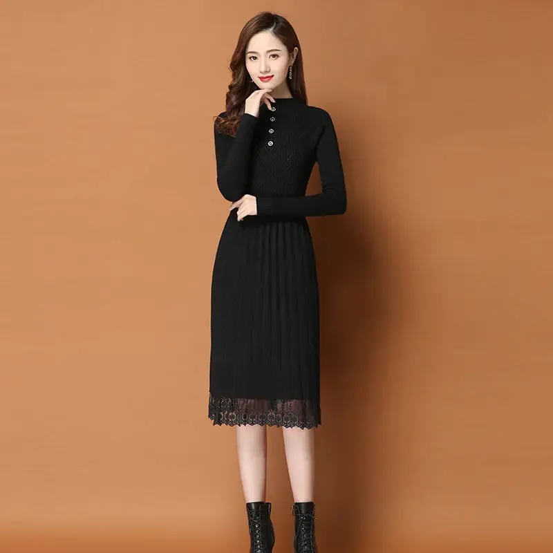

Female Dress Cover Up Black Women's Dresses Knit Knee Length ClothingMidi Crochet Turtleneck Splicing Y2k New in Hot Harajuku