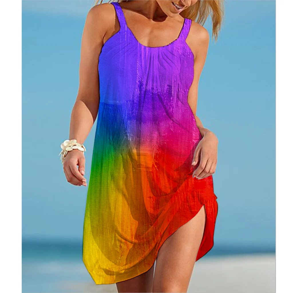 

Rainbow Painting Print Women's Fashion Dress Midi Summer Sexy Beach Dress Bohemian Sleeveless Party Dresses Elegant Sundress Hem