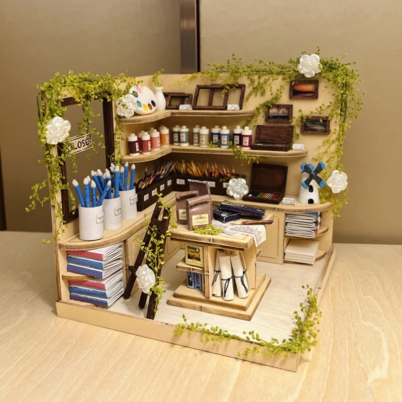 DIY Wooden Miniature Model Kit Paint Shop Casa 3D Puzzle Dollhouse With Furniture Lights Roombox Home Decor for Friends Gifts 2