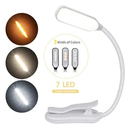 USB Rechargeable 7 LED Book Light with Adjustable Brightness and Flexible Clip (White)