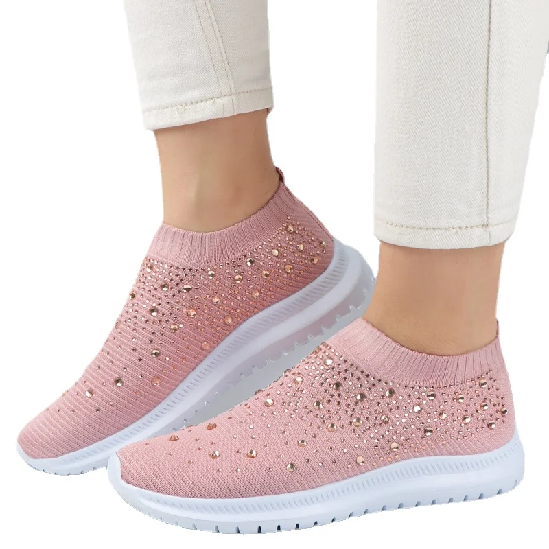 Large Size Rhinestone Elastic Sock Shoes, Casual Men's and Women's Sports Shoes, MD Sole Fly Woven Breathable Lightweight Shoes