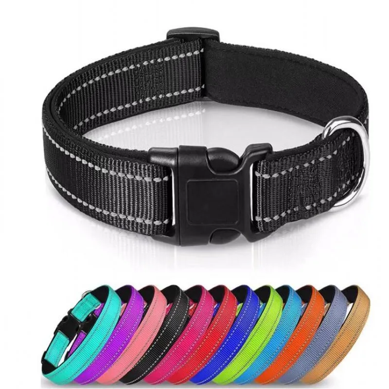 Reflective Adjustable Breathable Nylon Dog Collar with Soft Padding, Durable Design, and Bone Rope Accent
