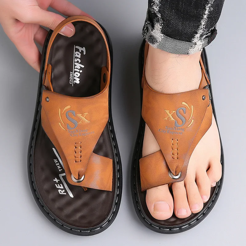 Summer Men's Leather Sandals Breathable Soft Sole Casual Trendy Beach Shoes leather sandals