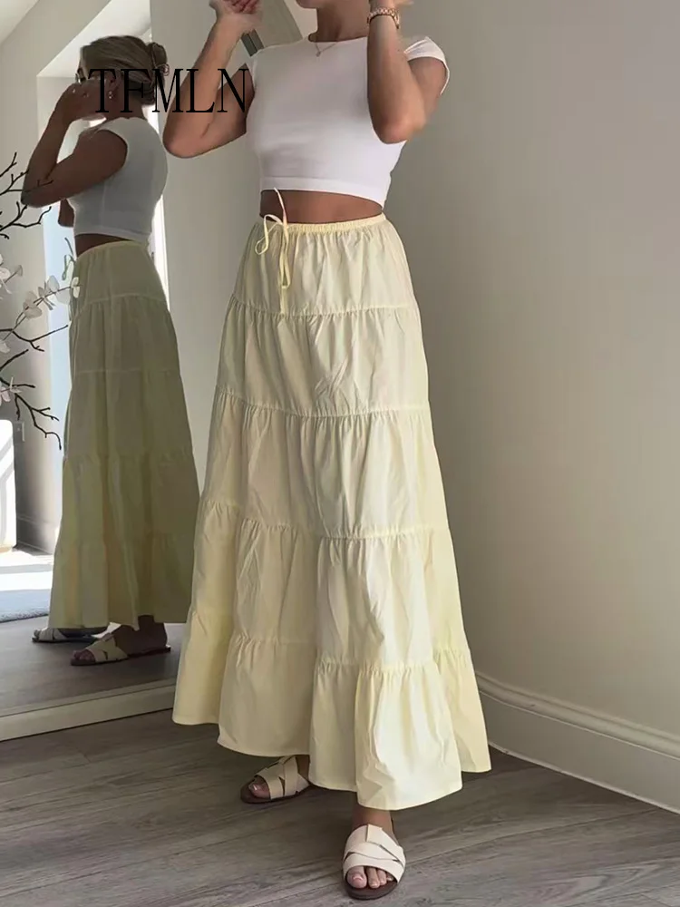 TFMLN Elegant Women Solid Tierred Pleated Skirts 2025 Summer Causal Beach Patchwork Drawstring Skirts High Street A-line Skirts