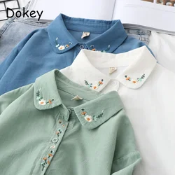 Vintage Embroidery Corduroy White Shirts Women Autumn Japanese Casual Daily Lapel Long Sleeve Blouses And Tops Loose Outerwear