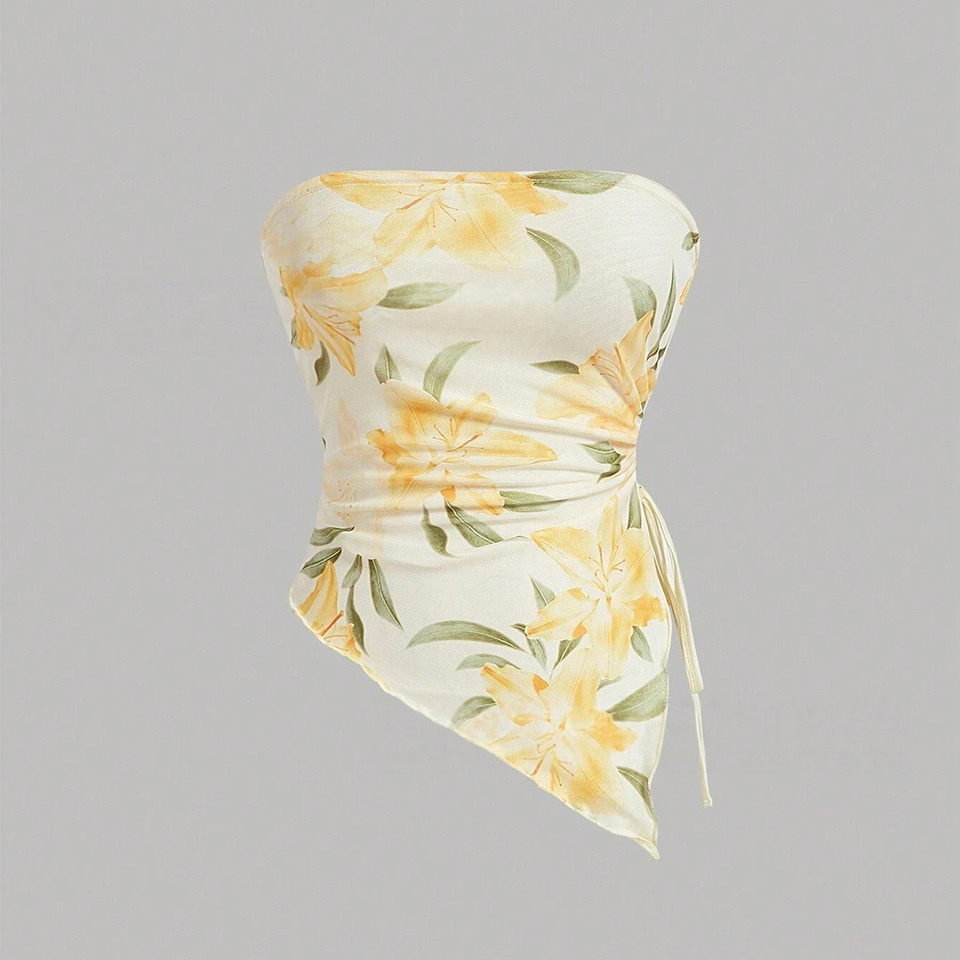 Women's Lily Flower Sleeveless strapless Tank Top Y2K Side Drawstring Wrinkle Irregular Hemp Beach Vacation