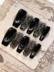 10pcs Handmade Starry Sky Cat Eye Black Reusable & Removable Nail Tips (L)