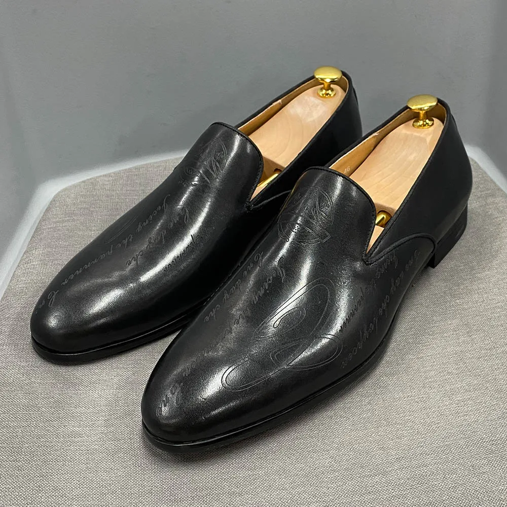 Italian Style Hand Painted Letter Men Shoes Genuine Cow Leather High Quality Formal Dress Shoes Loafers Business Wedding Shoes