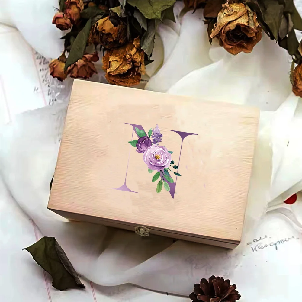 Elegant Purple Letter Pattern Wooden Jewelry Storage Box