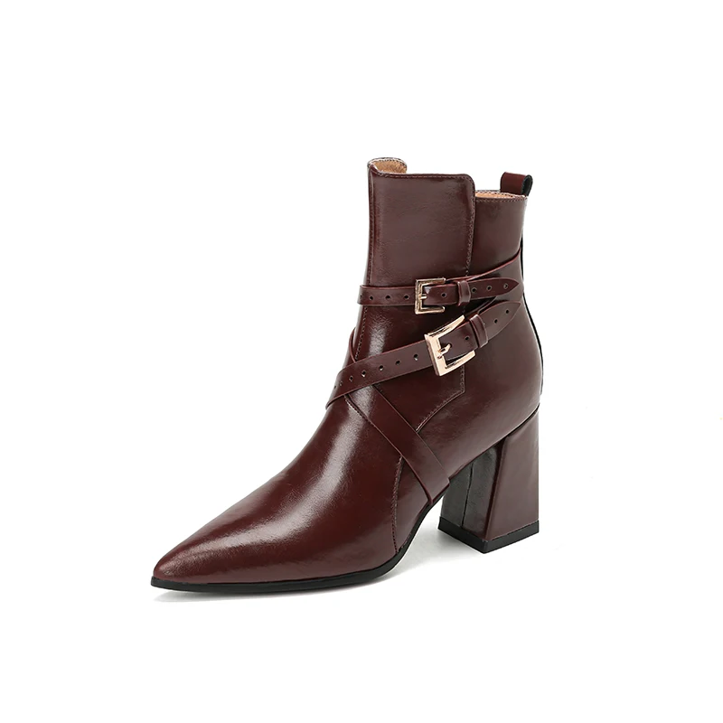 

2023Autumn winter Women ankle boots natural leather plus size 22-26.5cm cowhide+pigskin modern boots side zip buckle short boots