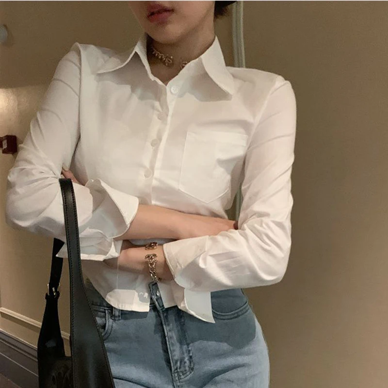 한국어 화이트 오피스 여성 쉬폰 셔츠 포켓 버튼 옷깃 숙녀 블라우스 봄 통근 긴 소매 새로운 여성 자르기 탑