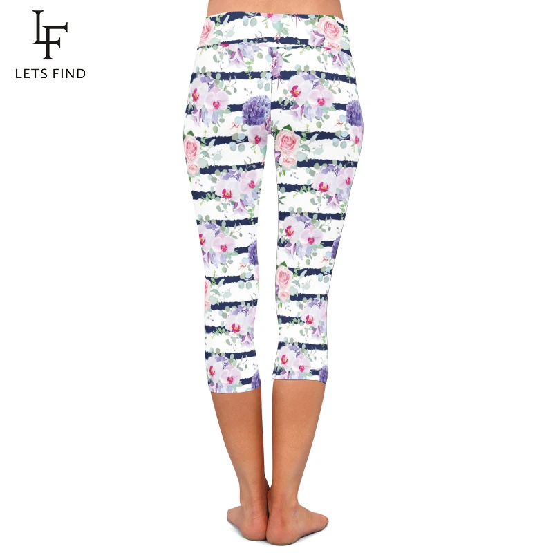 New High Elastic Capri Leggings High Waist Flowers Print  Mid-Calf 3/4 Stretch Women Leggings for Summer