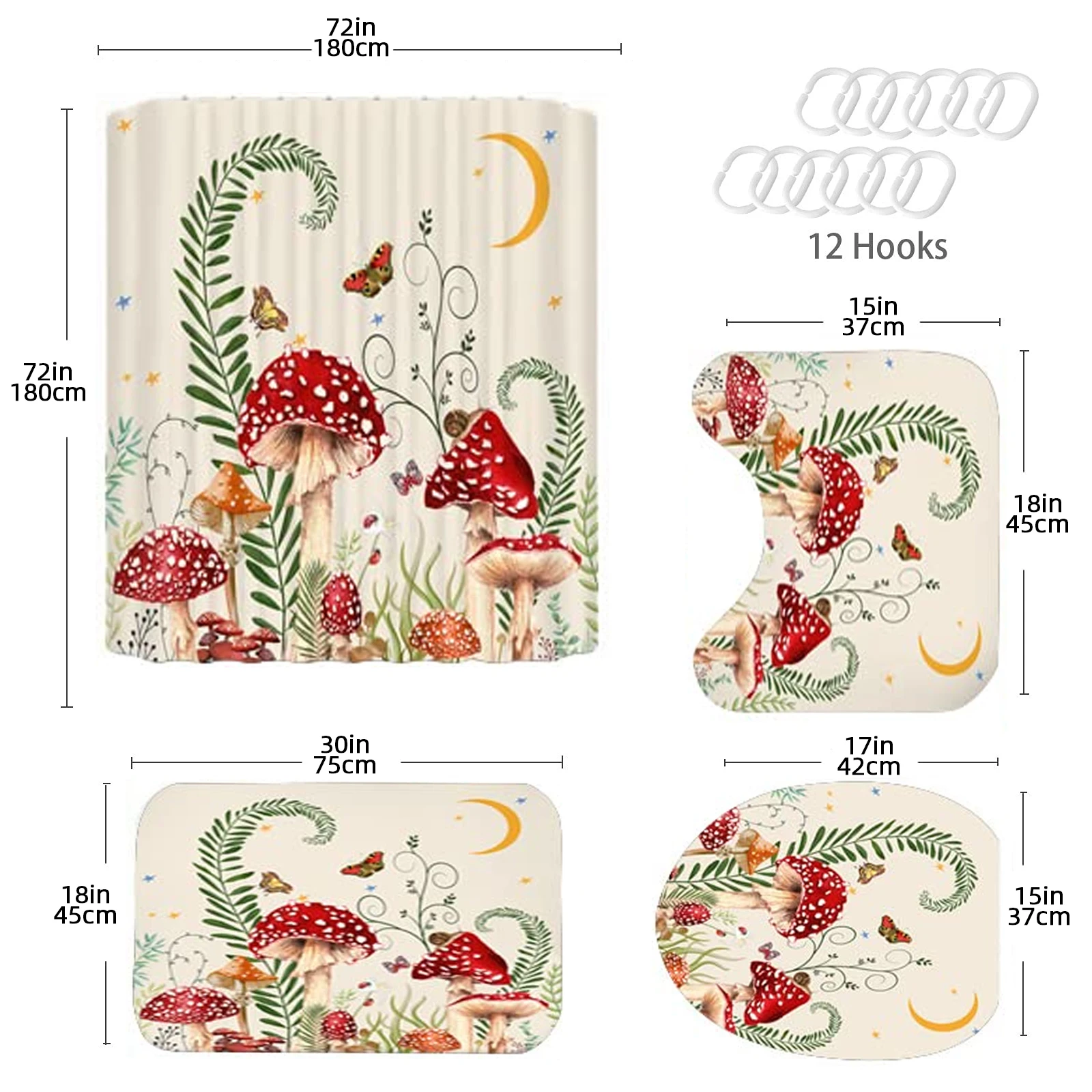 4pcs Bathroom Sets Rugs Shower Curtain, Mushroom Pattern Waterproof Polyester Shower Curtain With , Non-Slip Bathroom Rug, Toil