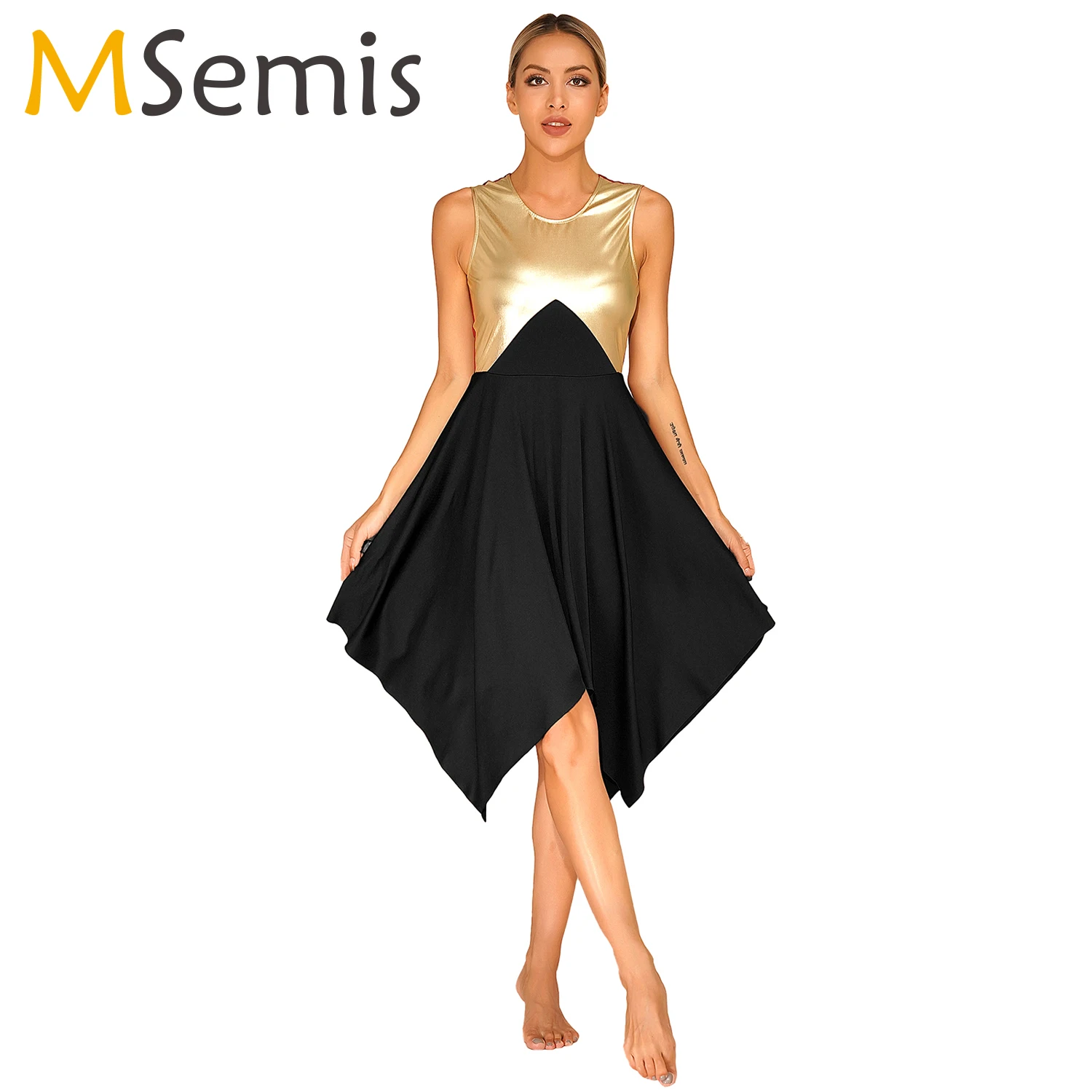 

Women Ballet Dress Choir Modern Lyrical Dance Dress Sleeveless Metallic Color Block Church Worship Costume Stage Dancewear