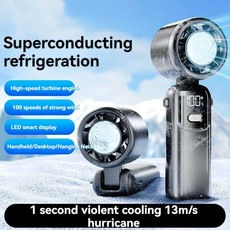 Ice pack handheld high-speed fan folding 100 speed infinitely adjustable fan portable outdoor hanging neck small fan