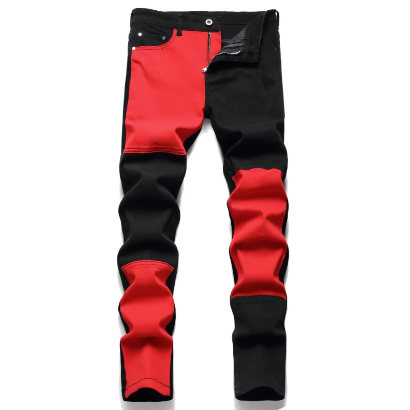 Men Paisley Bandanna Print Patch Jeans Streetwear Cracked Pleated Stretch Denim Biker Pants Ripped Patchwork Black Trousers