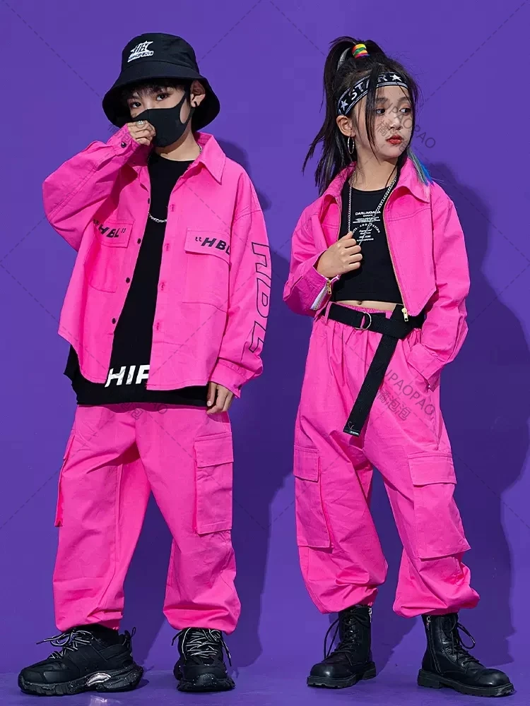 Pink Hip Hop Dance Clothes For Kids Kpop Costume Tooling Coat Cargo Pants Girls Concert Group Hiphop Performance Outfit JUPAOPAO girl dance costume children costumes