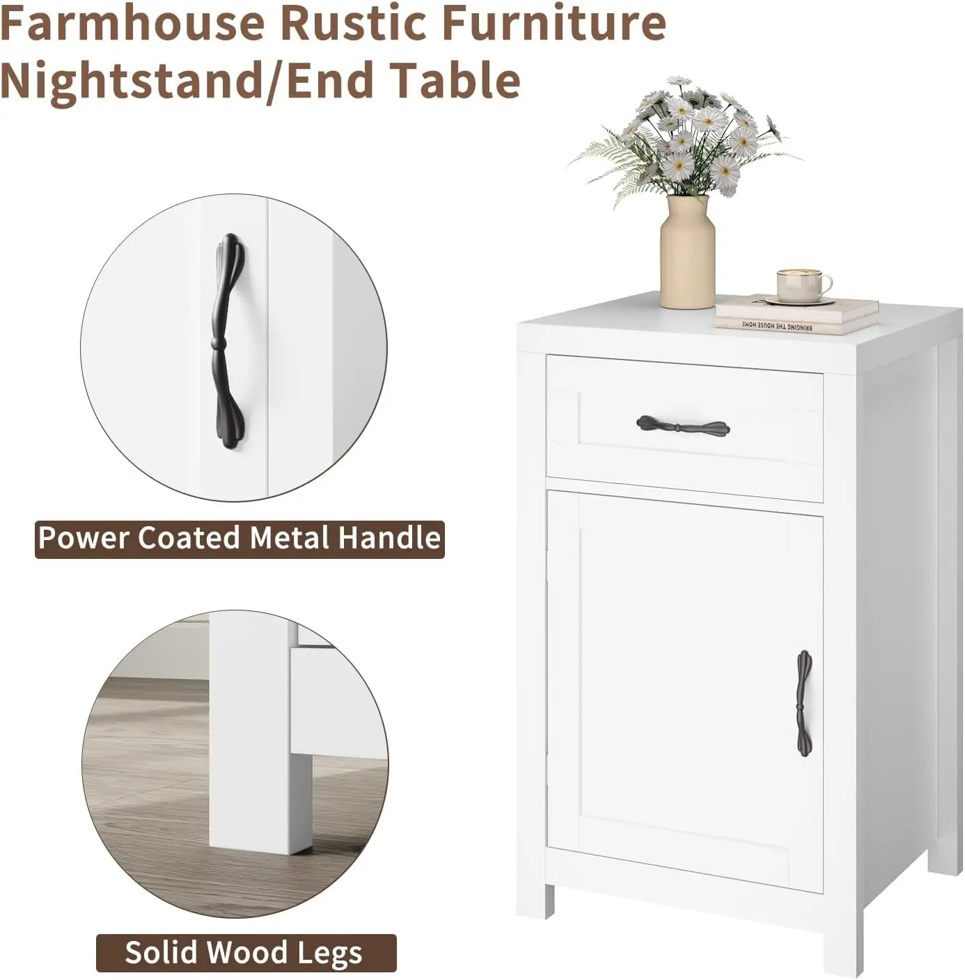 End Table, 30” Tall Rustic Nightstand with Drawer and Storage Cabinet, Wood Sofa Side Bedside Table with Adjustable Shelf