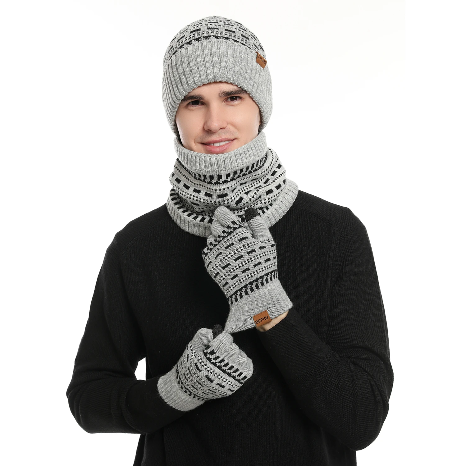 Men's Winter Keep Warm Set Unisex Beanie Telefingers Gloves Fleece Lining Scarf Male Woolen Yarn Knitted Muffler Neck Gaiter Hat 1