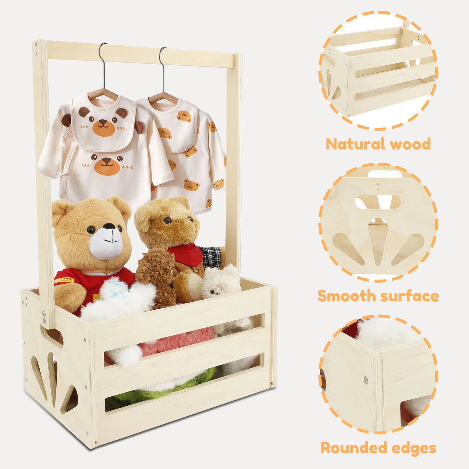 Wood Storage Crate Baby Toys Clothing Organizer Box Children Portable Basket Long Handle Sturdy 3