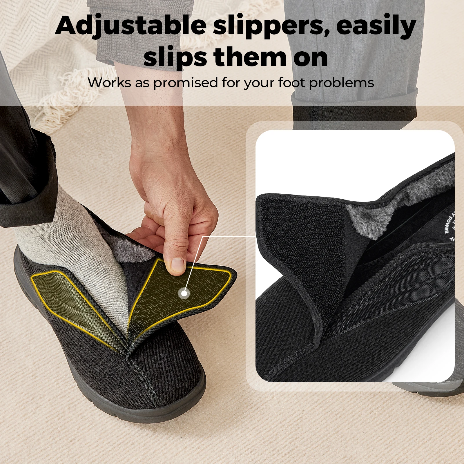 Fitville Plush Home Shoes For Men Winter Cotton Diabetics Shoes Widened Adjustable Strap Winter Shoes Warm Thick Non-Slip 3