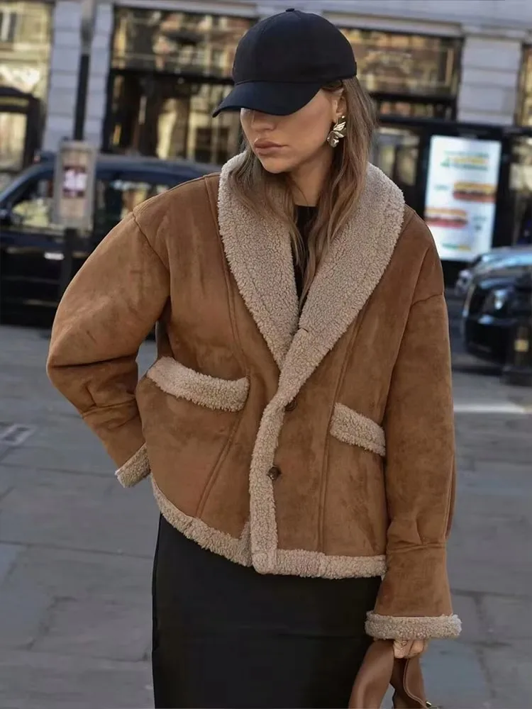 HH Women Casual Fleece Lined Warm Jacket Autumn Winter Coat V Neck Long Sleeve Jackets Loose Outfit Outerwear