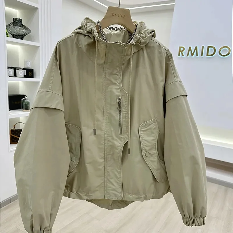 2024 Fashion Spliced Zipper Shirring Printed Hooded Coats Women\'s Clothing Autumn Winter Loose Casual Windbreake Tops Jackets