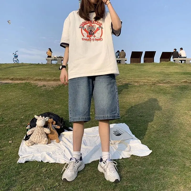 2024 Summer New Large Size High Waist 5/4 Jeans Women's Korean Edition Harajuku Style Loose Straight Tube Explosive Street Short