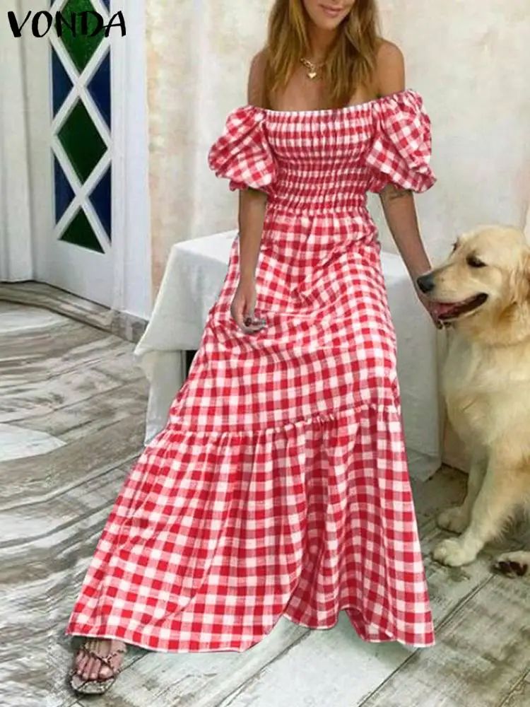 

VONDA Bohemian Dress Women Summer Short Puff Sleeve Plaid Maxi Long Sundress 2023 Casual Sexy Square Collar Party Beach Robe