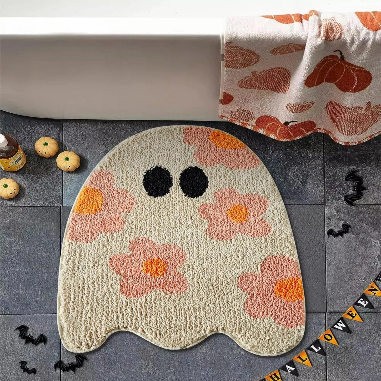 Halloween New Cute Cartoon Ghost Antislip Carpet Imitation Cashmere Entrance Door Mat Cashmere Home Bed Bathroom Floor Rug Decor