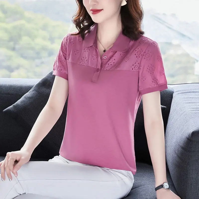 

Summer Solid Color Slim Short Sleeve Women's Clothing2023new Fashion Korean Version Causal Commute Versatile POLO Shirt Top