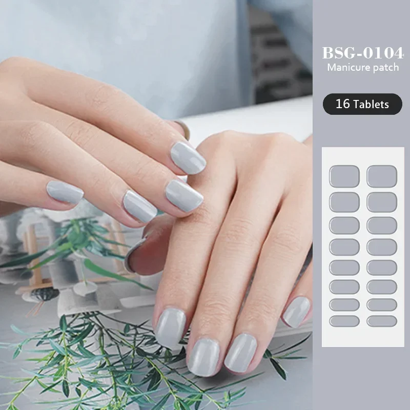 단색 반경화 젤 네일 스티커, 마카롱 참, 오래 지속되는 풀 커버 네일 팁 데칼, UV 램프 필요, 16 팁