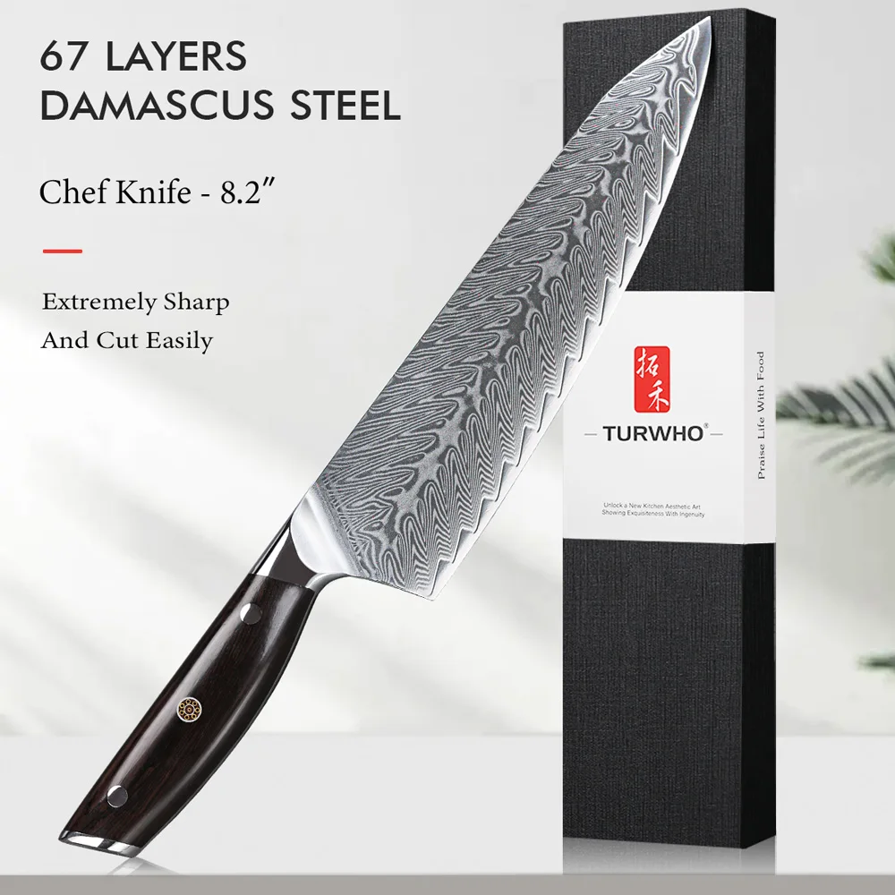

TURWHO-Japanese Chef Knife, 67 Layer Damascus Steel, Professional Sharp Meat Cleaver, Kitchen Tools, Ebony Handle, 8.2 Inch