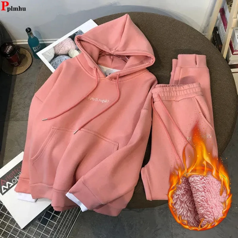 

Winter Jogger 2 Pieces Sets Warm Hooded Sweatshirt Tracksuit High Waist Harem Pants Suits Plush Lined Thick Baggy Conjuntos