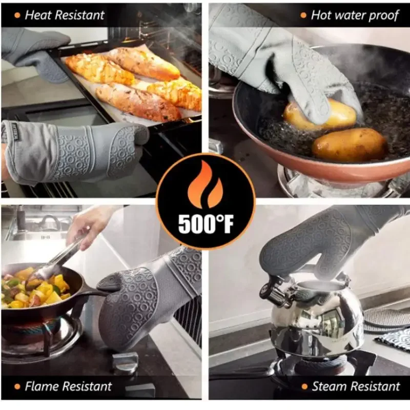 1Pcs Long Silicone Gloves With Cotton Waterproof Kitchen Microwave Mittens Gloves Cooking Bbq Heat-Resistant Oven Mitts