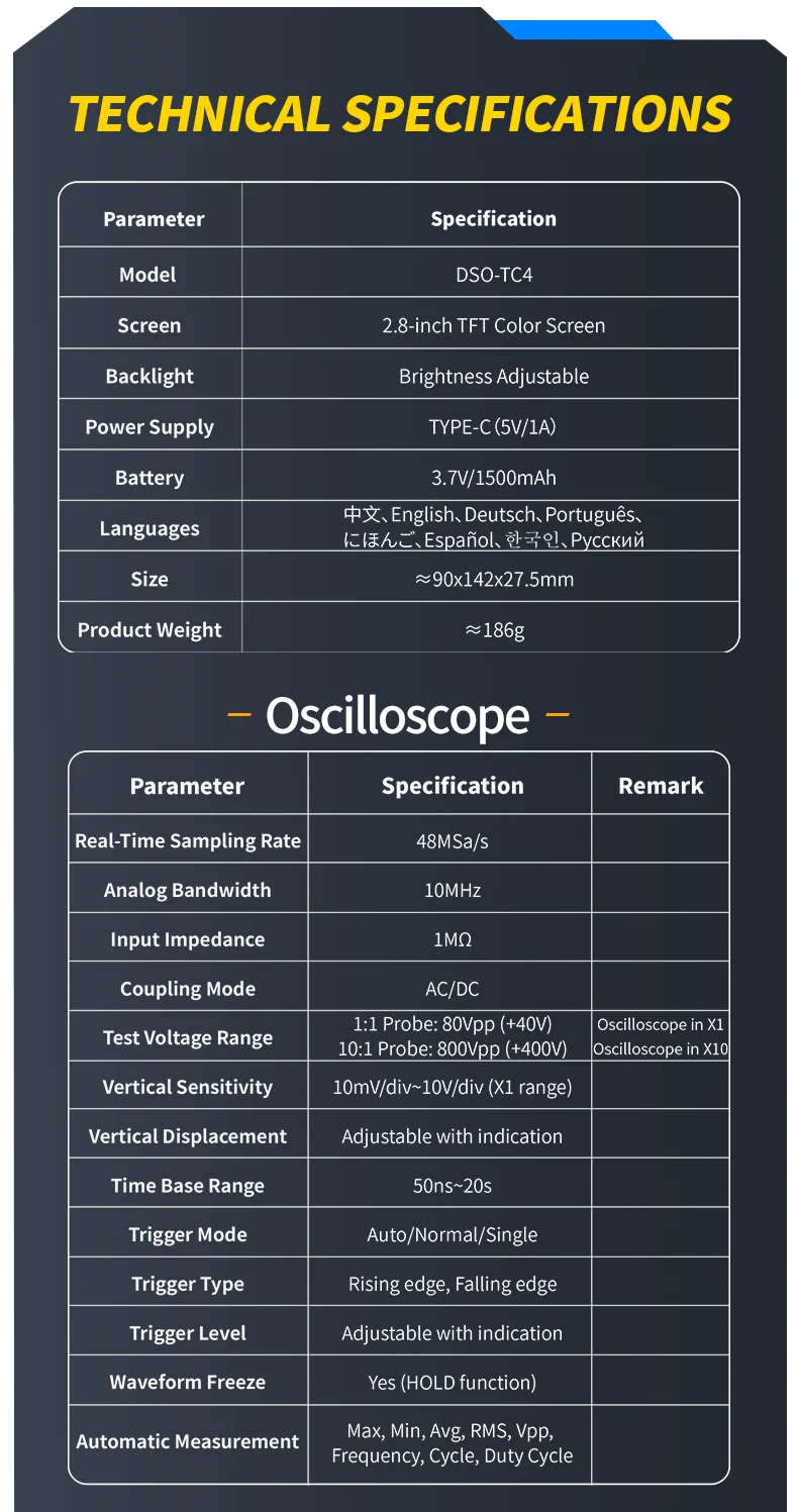 DSO-TC4 Handheld 3-in-1 Digital Oscilloscope, Transistor Tester 10MHz 48Ms/s Ele