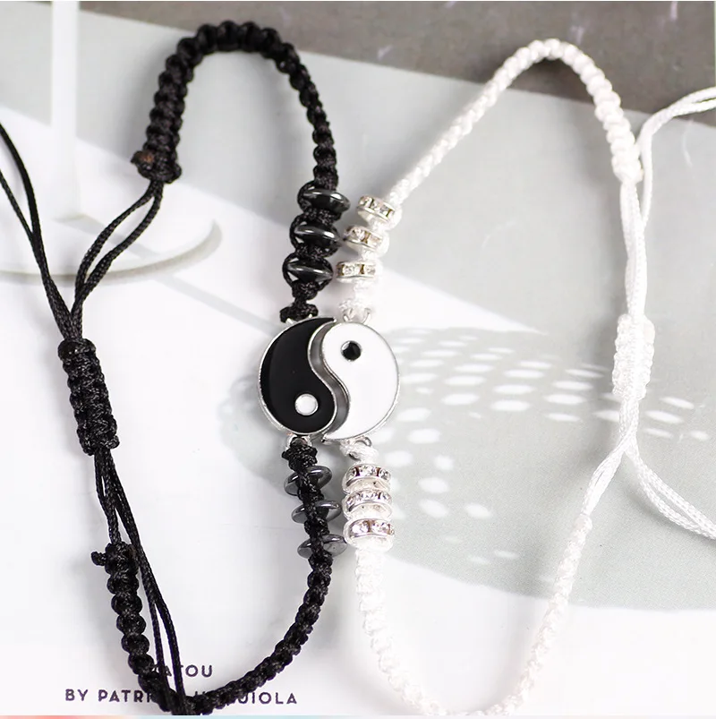 Handmade Tai Chi Yin Yang Couple Bracelets Alloy Pendant Adjustable Braid Chain Matching Lover Bracelets Necklaces Friendship metal bracelet