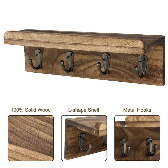 Porte-clés en bois rustique pour mur, étagère murale de ferme, décoration de maison, étagère flottante murale avec 4 crochets 4