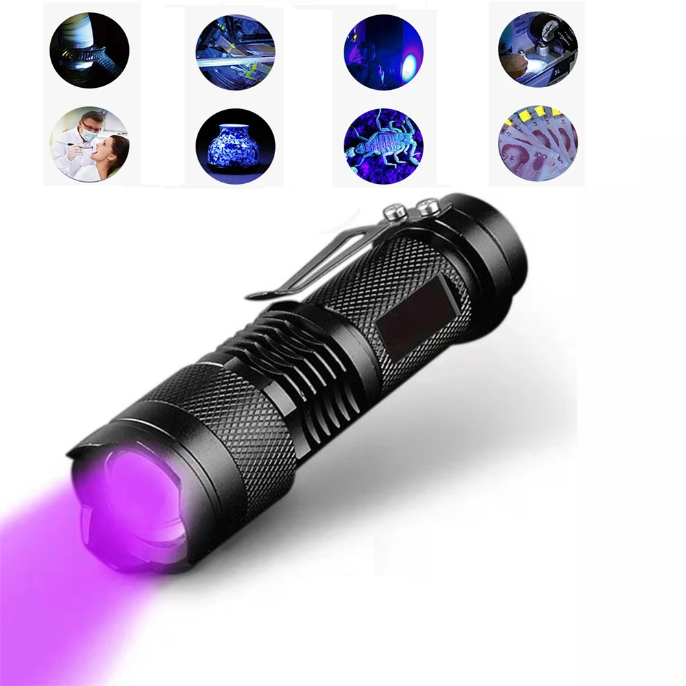 

LED UV Flashlight Ultraviolet Torch With Zoom Function Mini UV Black Light Pet Urine Stains Detector Scorpion Hunting
