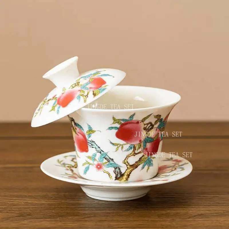Peach Can Hover and Cover The Bowl Household White Porcelain Three Piece Lid Bowl Chinese Style Tea Bowl Tea Set Accessories