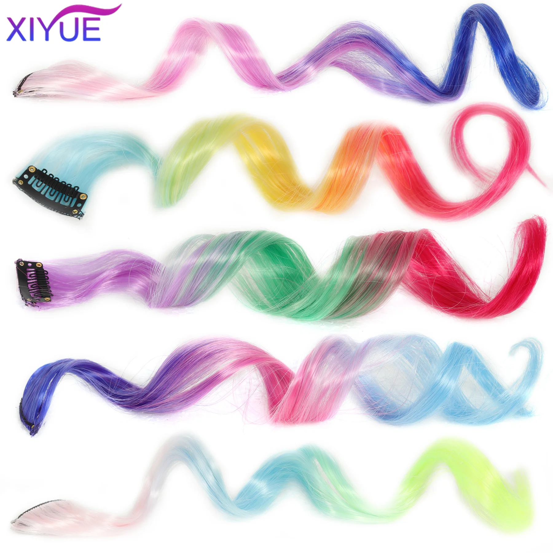 Colorful Hair Extensions Curly One Clip in Synthetic Long Hairpiece For Girls Women Kid Multi-colors Party Highlights Wig Piece