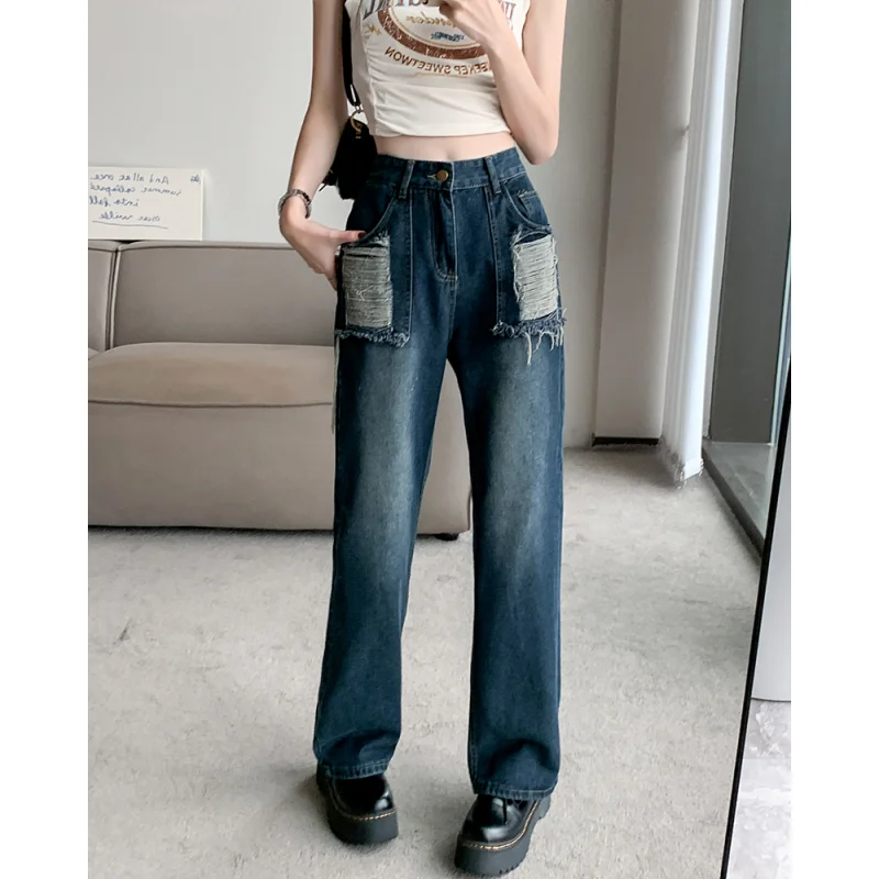 

Blue Jeans Women Worn-out Vintage High Waisted Y2K American Streetwear Wide Leg Pants Fashion Straight Summer Female Trouser