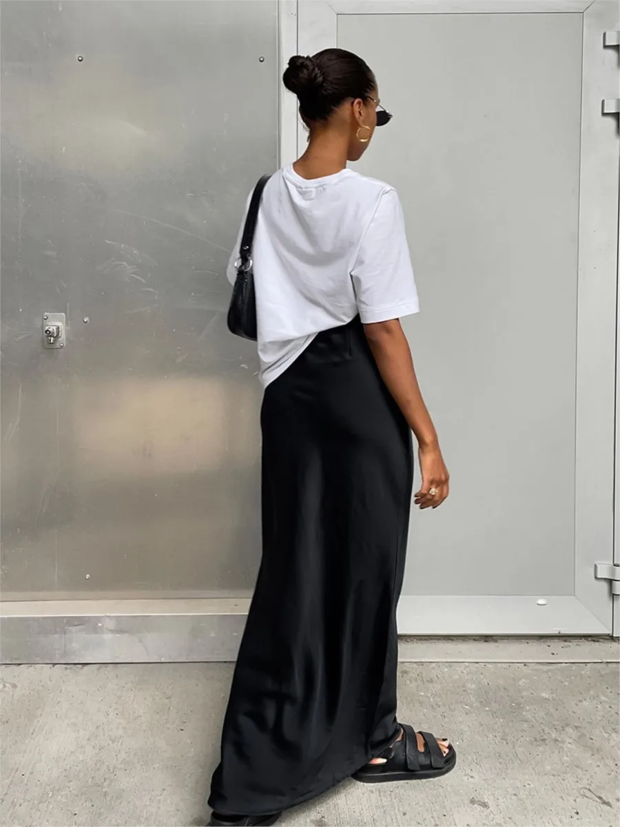 スカート dhal Washed Satin Long Skirt Polished Denim Maxi Skirt – washlabshop