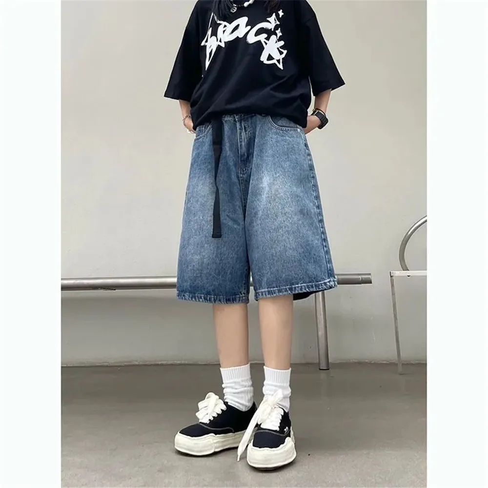 Y2K 헐렁한 벨트 진 반바지 빈티지 와이드 레그 데님 반바지 아메리칸 스트리트 캐주얼 워시 오버 사이즈 Emo 여름 데님 ..