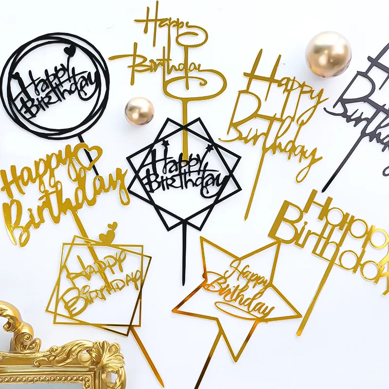 10Pcs/Pack Black Gold Acrylic Cake Toppers Happy Birthday Cake Toppers Kids Birthday Party Decor Baby Shower Supplies Tools